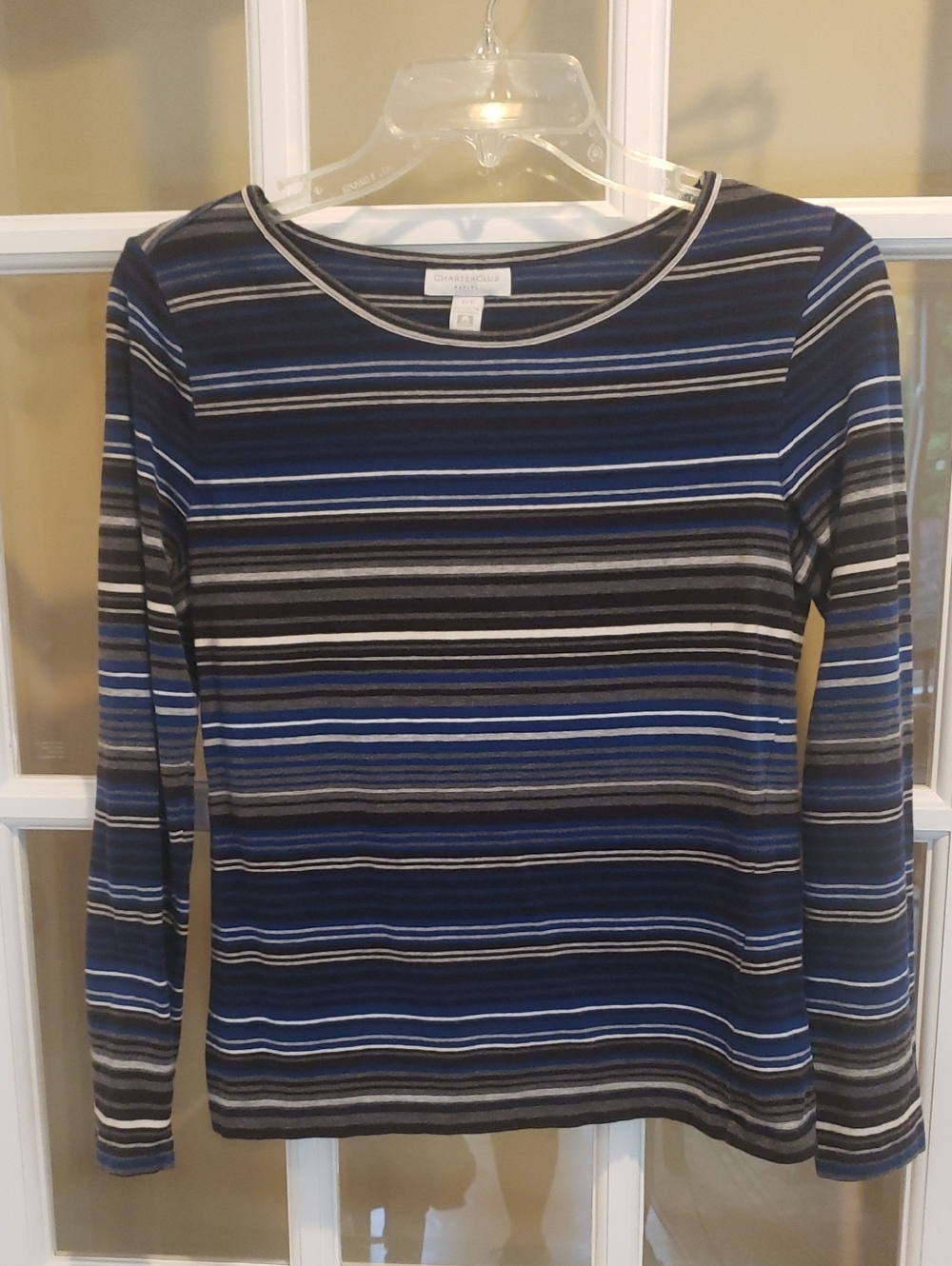 Charter Club Blue, Gray & Black Striped Long-Sleeve Tee Size: SP